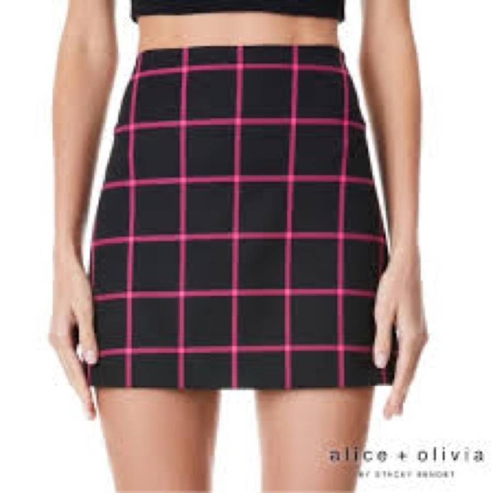 Alice + Olivia Elena Black and Pink Plaid Skirt